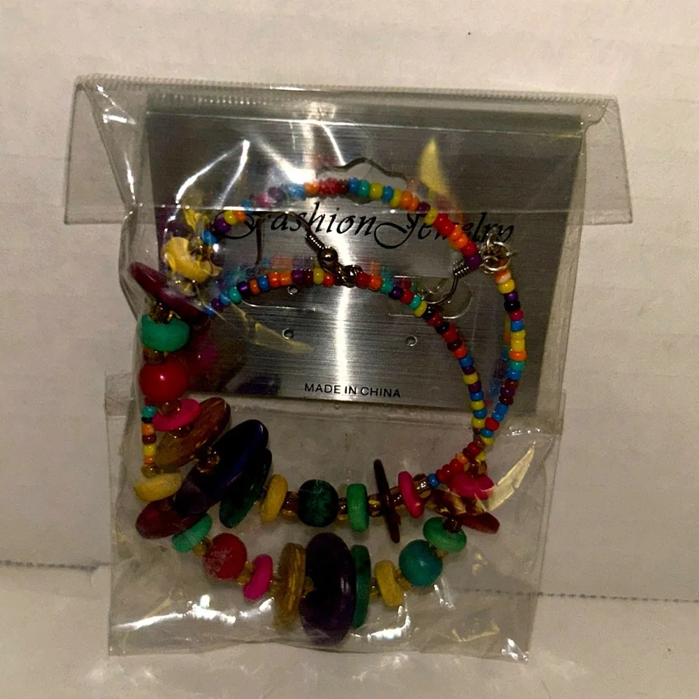 Summer multicolored earrings colorful wooden pierced 2 pair